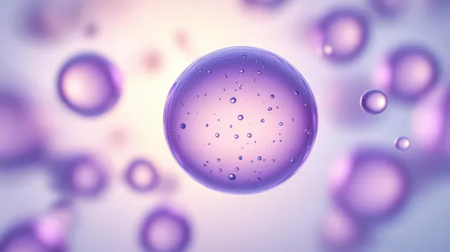 Purple hyaluronic acid droplet spheres float over a soft lavender gel texture background.