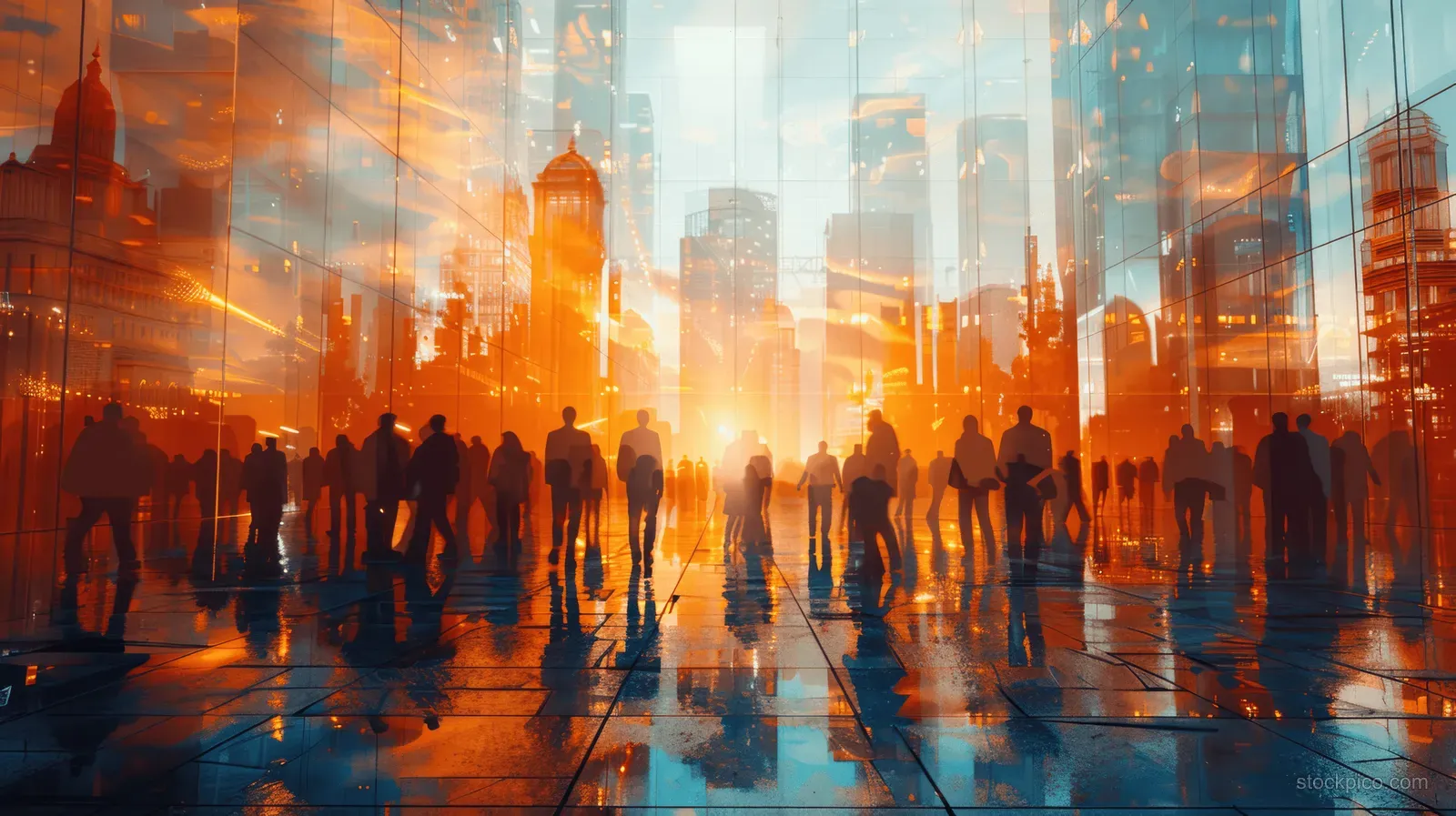 Blurred professionals walk through a modern glass office lobby with sunrise city reflections and orange light accents.
