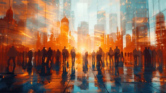 Blurred professionals walk through a modern glass office lobby with sunrise city reflections and orange light accents.