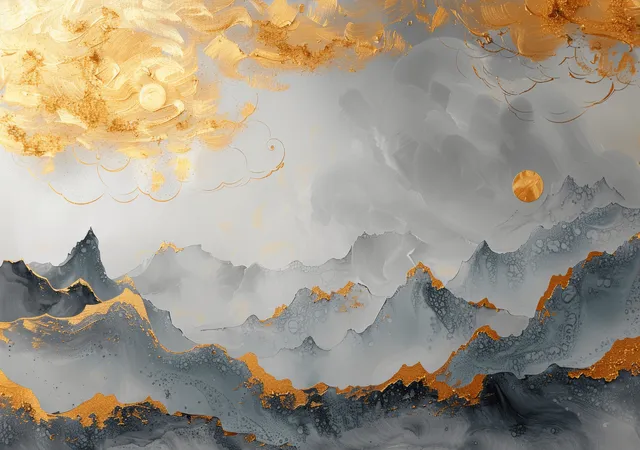 Golden and silver clouds hover above misty mountains under a textured gray sky with faint orange highlights.