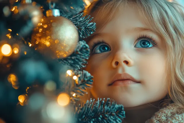 A child hangs a gold Christmas ornament on a tree indoors under warm, dim holiday lights.