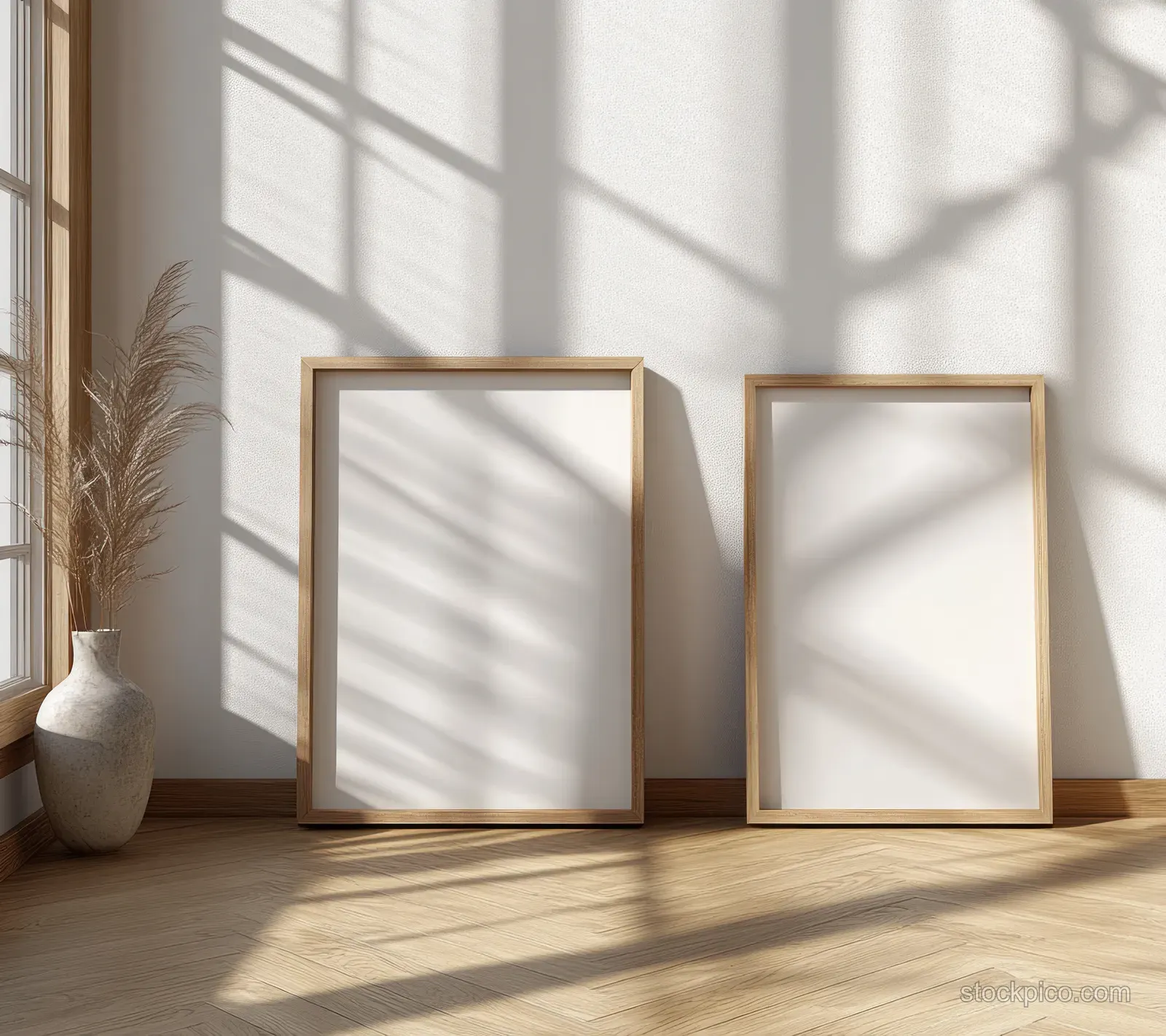 Two empty picture frames lean on a light wooden floor in a bright minimalist room with window shadow lines.
