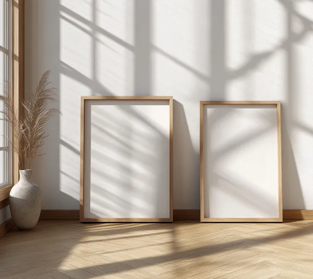 Two empty picture frames lean on a light wooden floor in a bright minimalist room with window shadow lines.