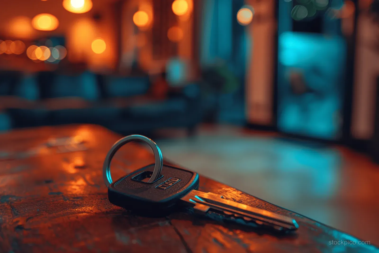 Home keys on a wooden table with a softly blurred apartment interior behind them.