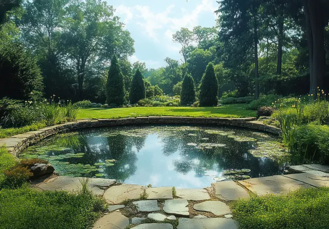 Serene garden pond reflecting blue sky, stone pathway edging, and tall trees in sunlight