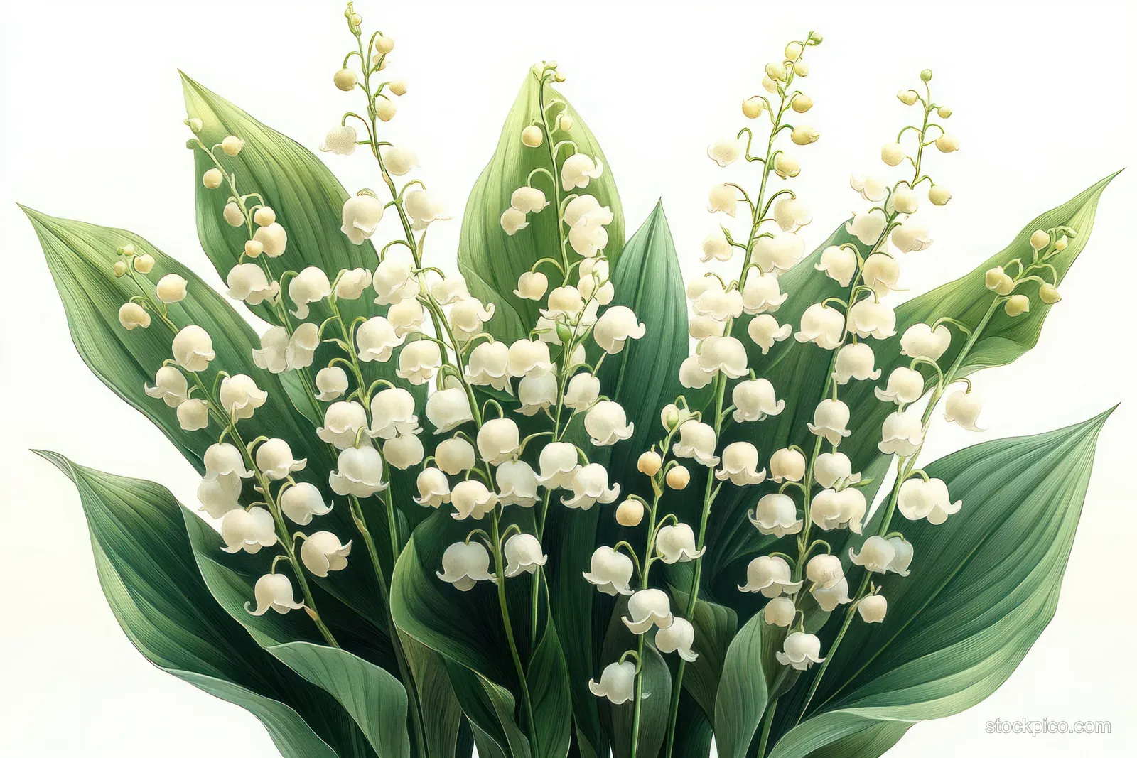 Watercolor lily of the valley bouquet with white bell flowers and fresh green leaves on a light background.