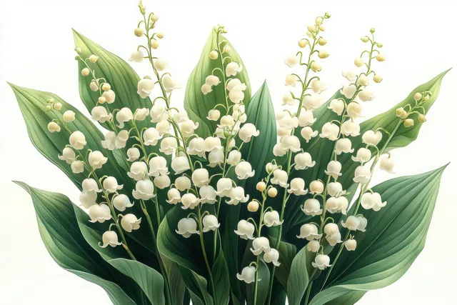 Watercolor lily of the valley bouquet with white bell flowers and fresh green leaves on a light background.