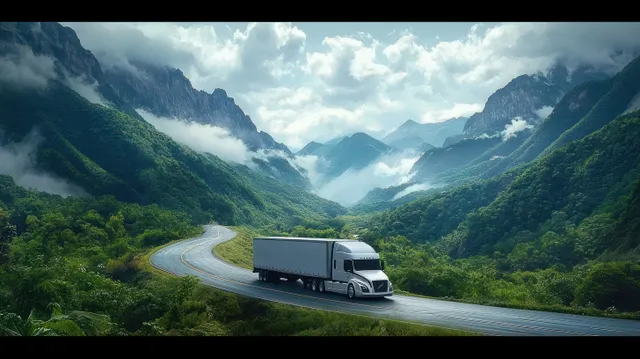 White semi truck with an empty trailer drives along a winding road through green mountains under cloudy daylight.