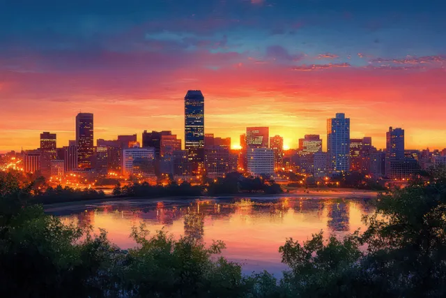 Impressionist Omaha skyline at sunset over the river with glowing downtown lights
