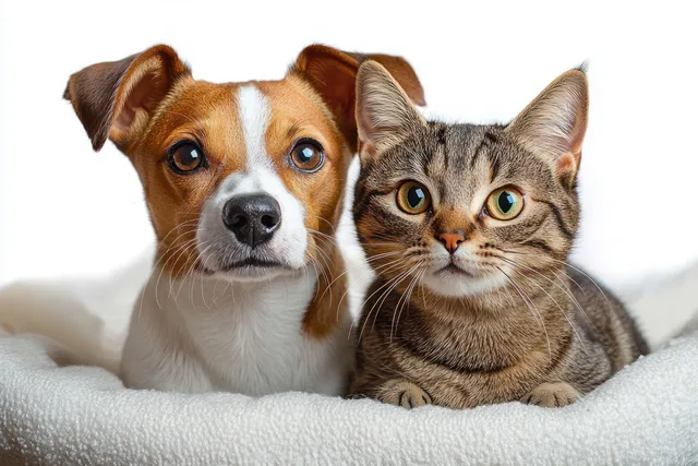 A tabby cat and a brown-and-white dog lie close together on a soft white surface, looking attentively at the camera.
