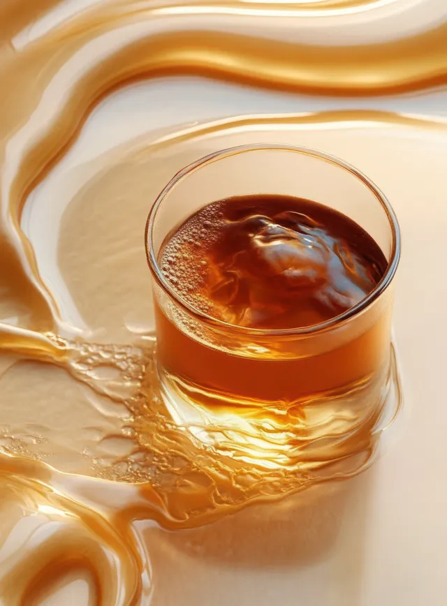 Amber drink in a glass cup, with swirling golden liquid reflections on a textured surface