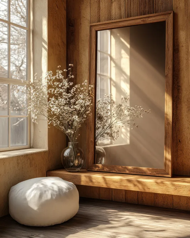 Minimalist wooden interior corner with floor mirror, pouf, and dried flowers in sunlit window light