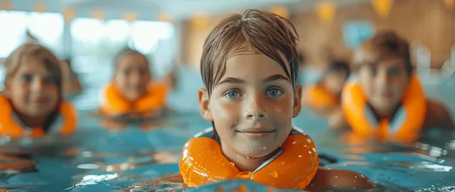 Smiling child wearing an orange swim float in an indoor pool with classmates behind