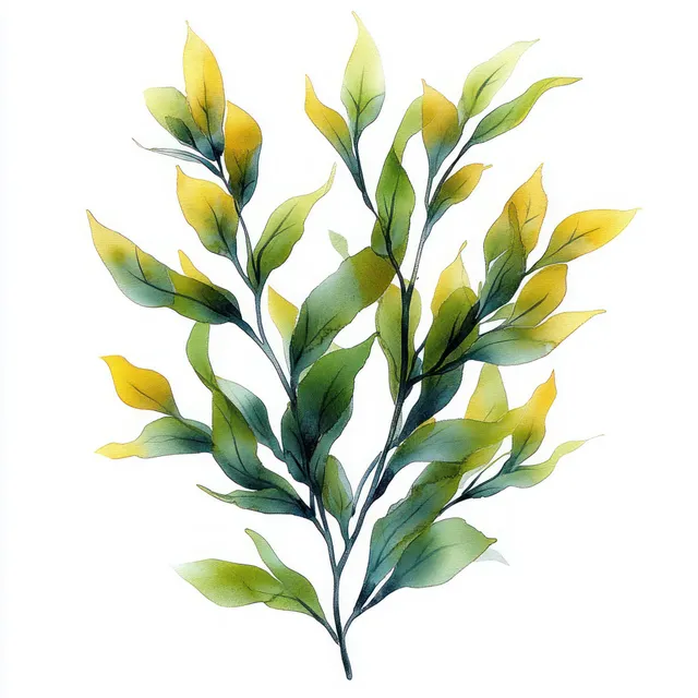 Watercolor sprig of green and yellow leaves on slender stems over clean white background
