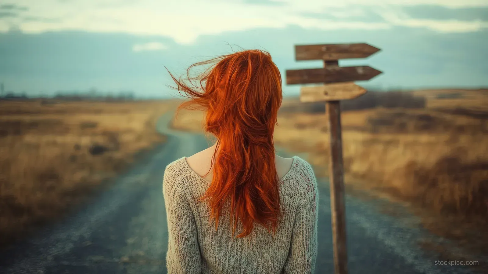 Woman with long red hair stands on a gravel road facing two rustic wooden signposts under cloudy skies.