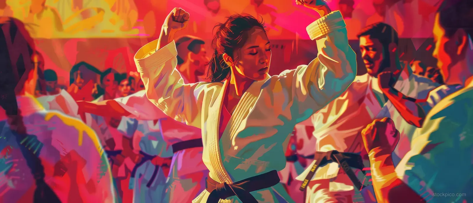 Portugal’s female judoka executes a gripping throw amid cheering spectators under vivid arena lighting.