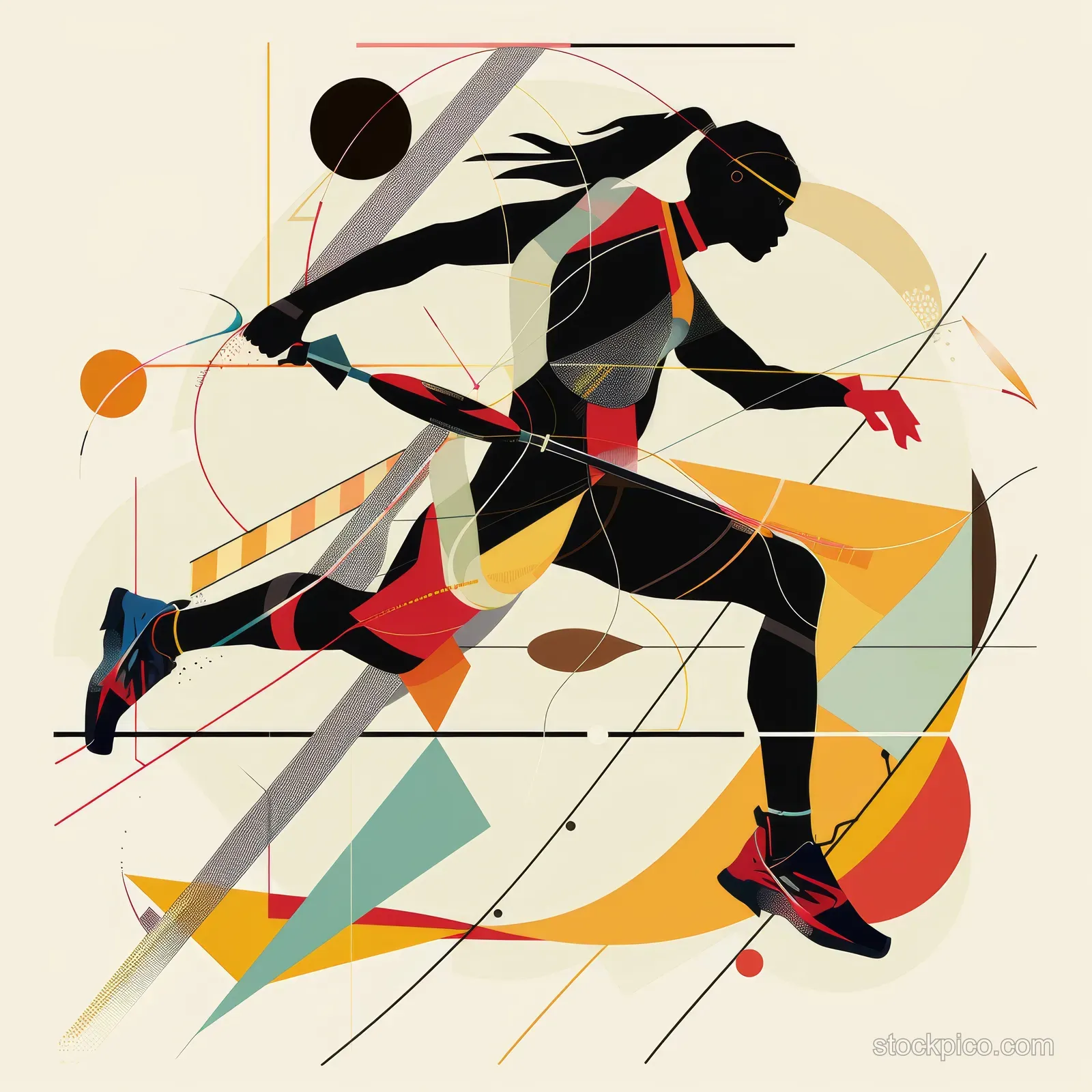 Abstract graphic of a USA modern pentathlon woman sprinting with bold motion lines and geometric shapes.