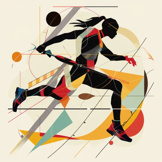 Abstract graphic of a USA modern pentathlon woman sprinting with bold motion lines and geometric shapes.