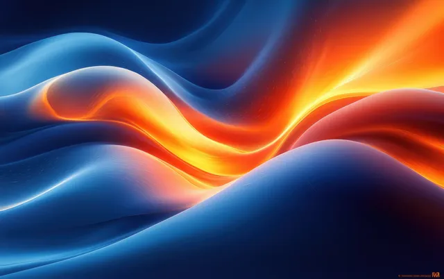 Flowing blue ribbon waves with coral and yellow glow in smooth abstract background