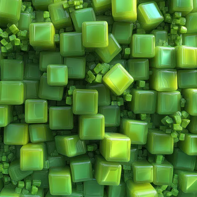 Green plastic cubes stacked in a dense abstract pattern with soft light depth