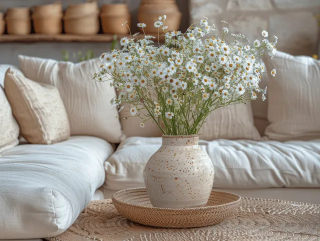 Beige ceramic vase with white daisies on a coffee table in front of a cream sofa with pillows.