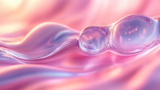 Flowing pastel liquid abstract background with iridescent glossy waves and floating bubbles
