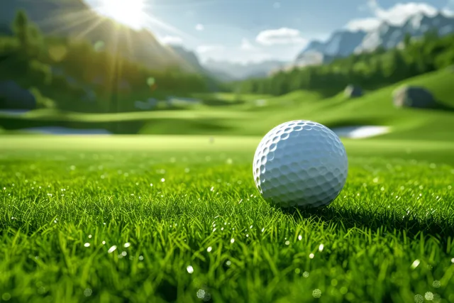 White golf ball resting on a bright green fairway with sun flare and distant course scenery.