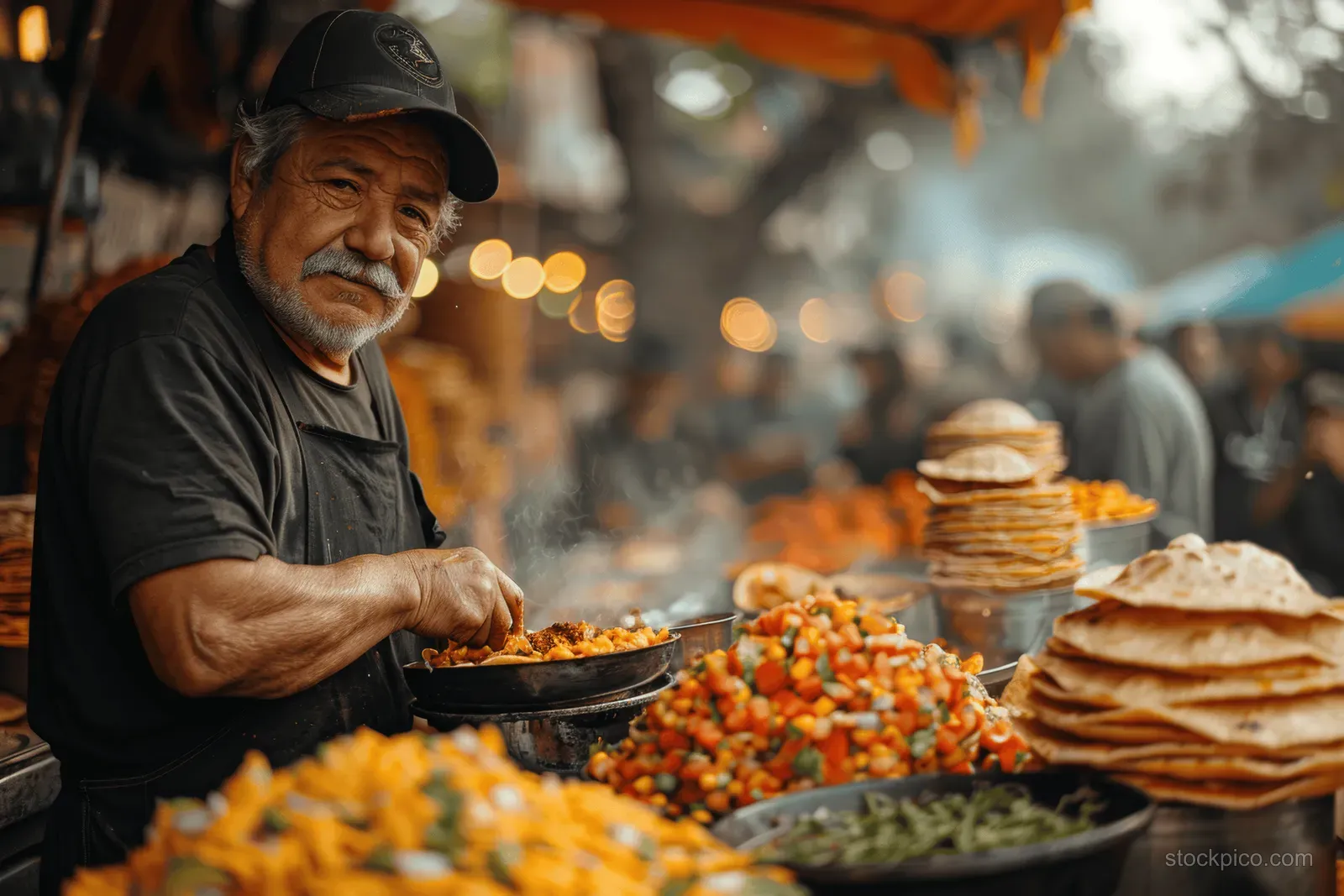 A street vendor in Mexico City cooks al pastor beside sizzling pans and stacks of tortillas for market customers.
