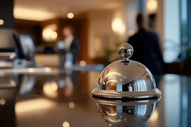 Polished hotel reception service bell on a counter with blurred receptionists moving in the lobby behind.