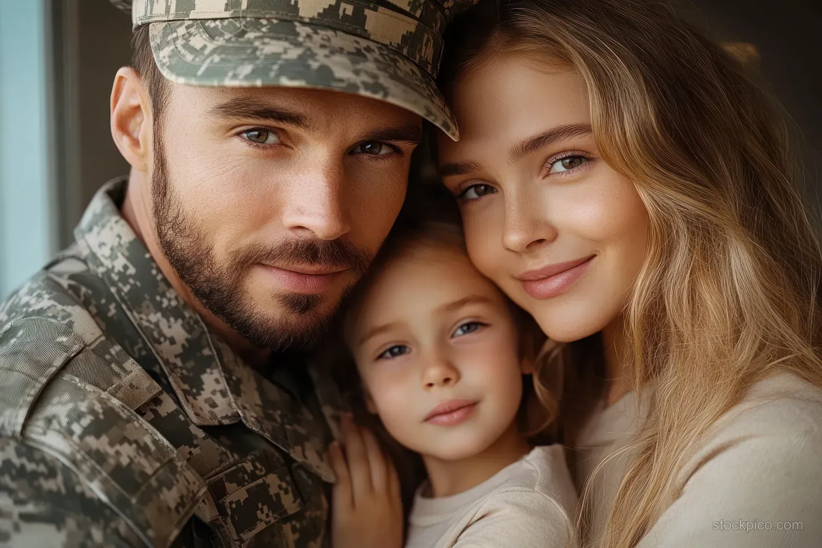 A smiling soldier in camouflage uniform holds a young child close as a mother leans in indoors with warm light.