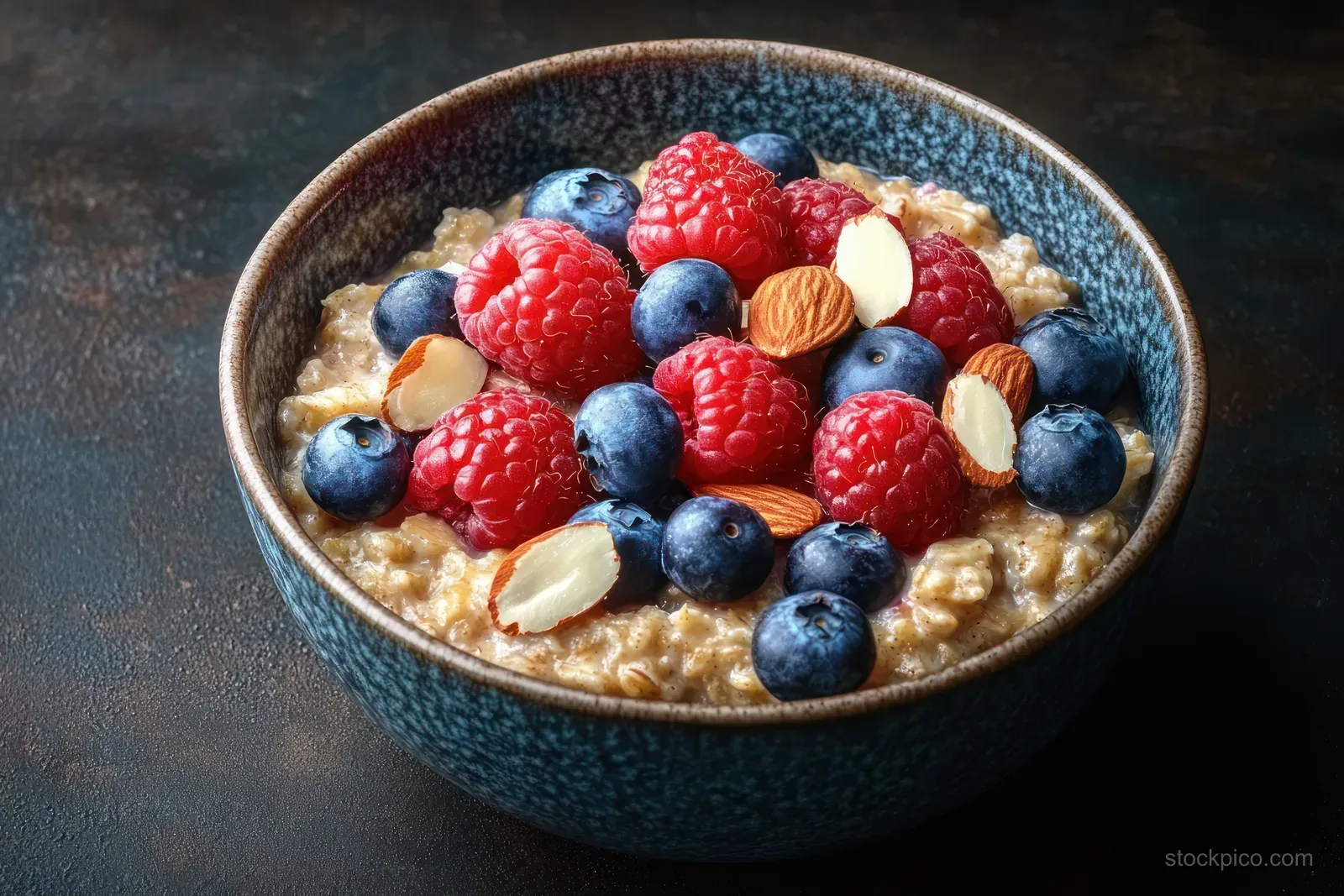 A blue bowl of oatmeal topped with raspberries, blueberries, and sliced almonds on a dark textured background.