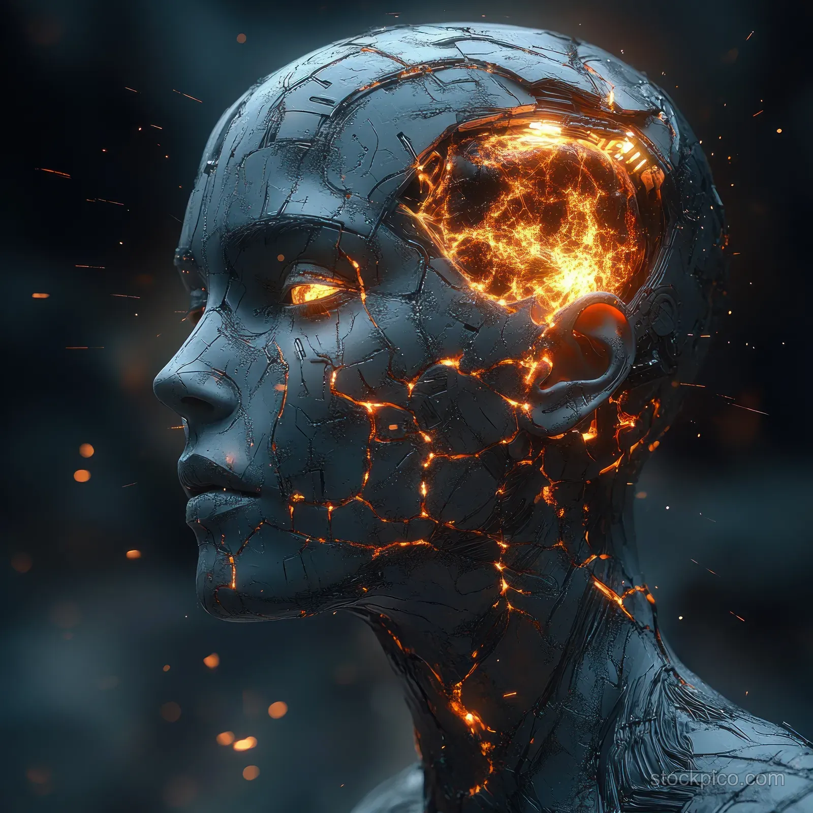 A humanoid robot head with cracked metallic skin reveals a glowing molten core and sparks against a dark background.