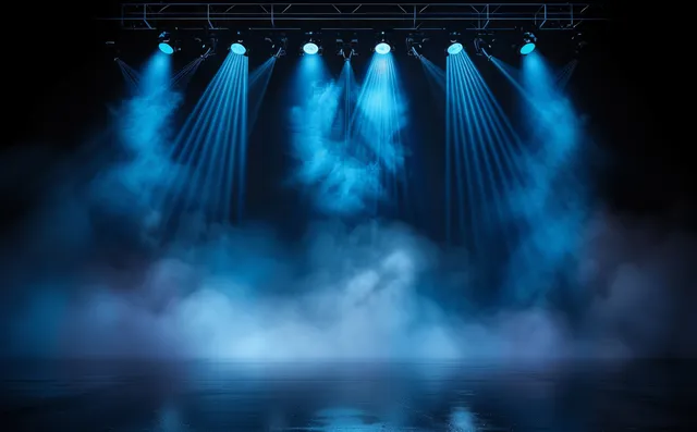 Blue spotlights shine over a concert stage with dense smoke across a dark night backdrop.