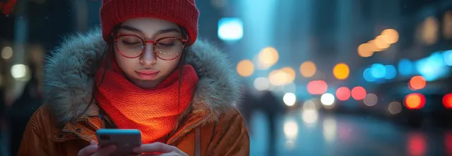 Man texting on a smartphone outdoors at night, warm street lights and blurred bokeh background