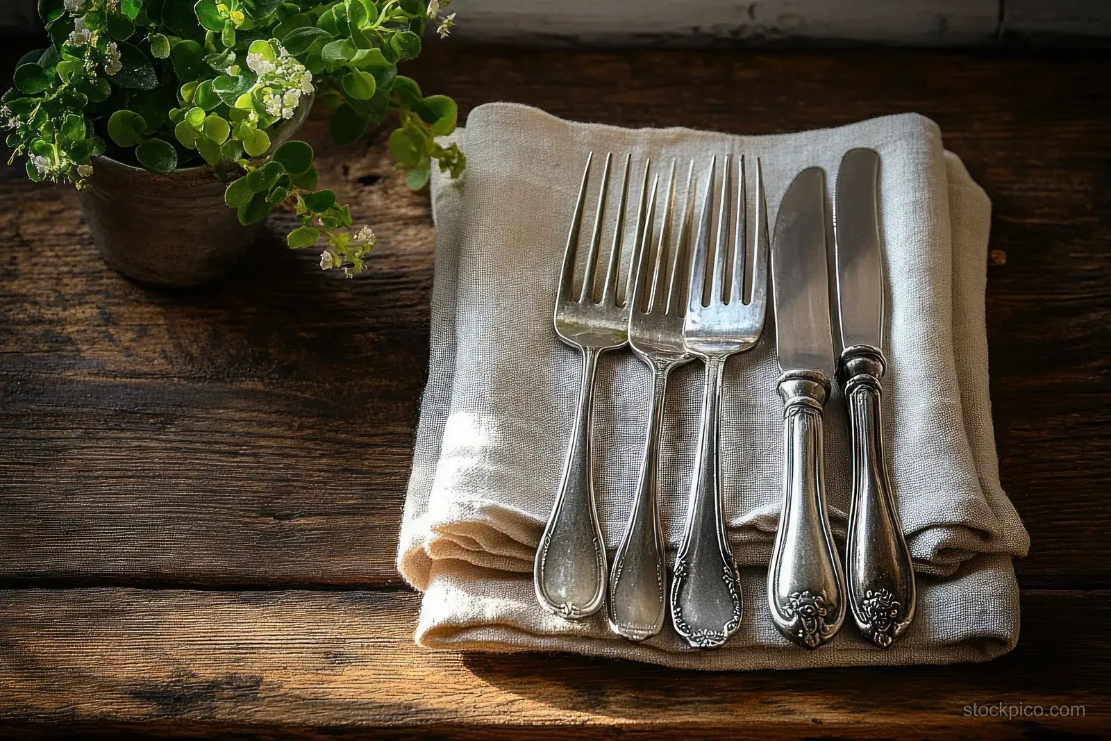 Vintage silver forks and knives arranged on folded natural linen napkins on a rustic wooden table with sunlight shadows.