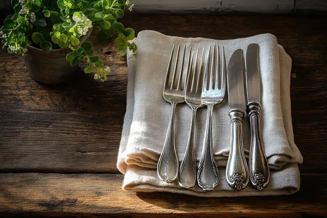Vintage silver forks and knives arranged on folded natural linen napkins on a rustic wooden table with sunlight shadows.