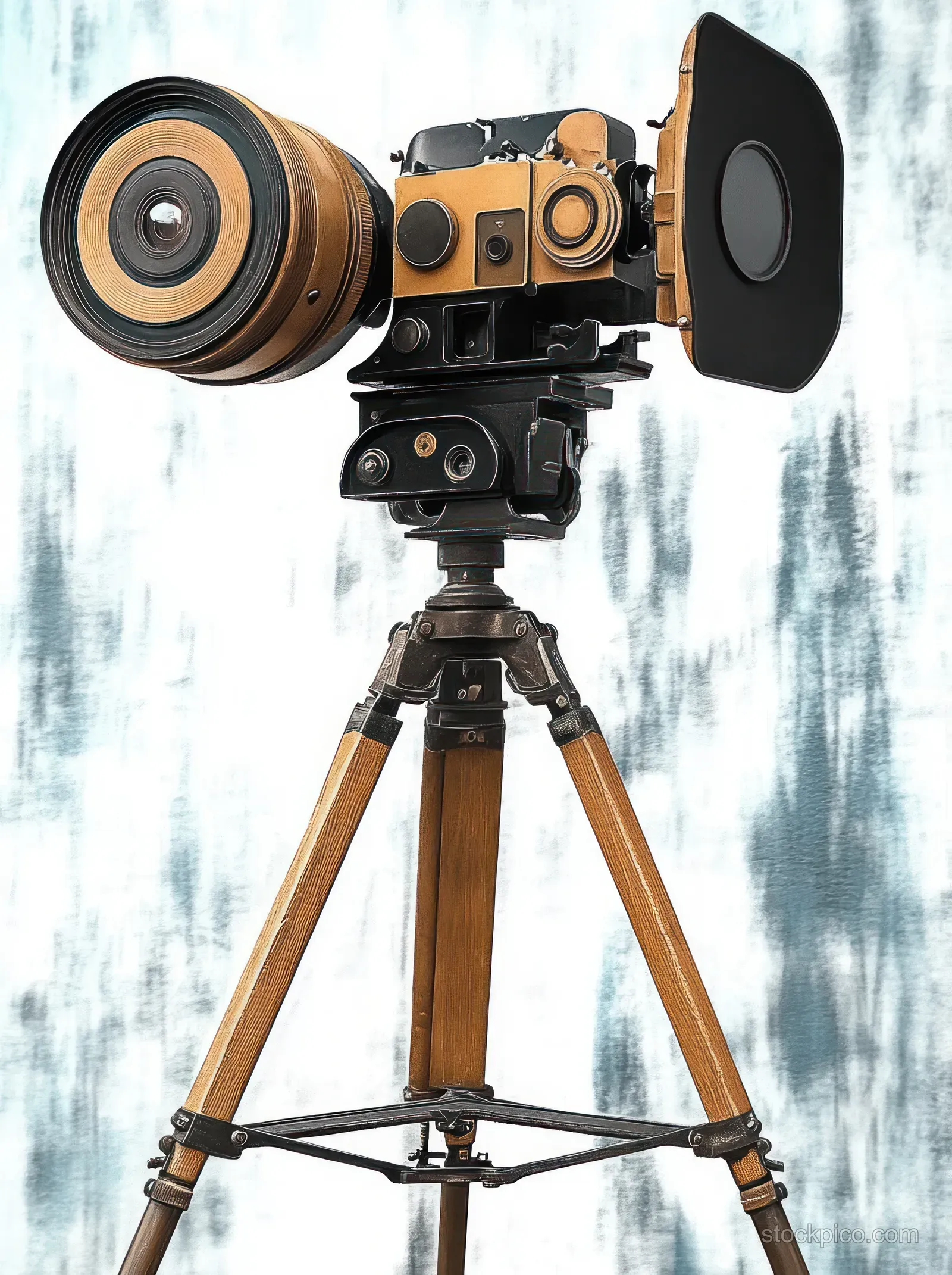 Vintage wooden film camera mounted on a wooden tripod with an extended lens against a blurred blue and white background.