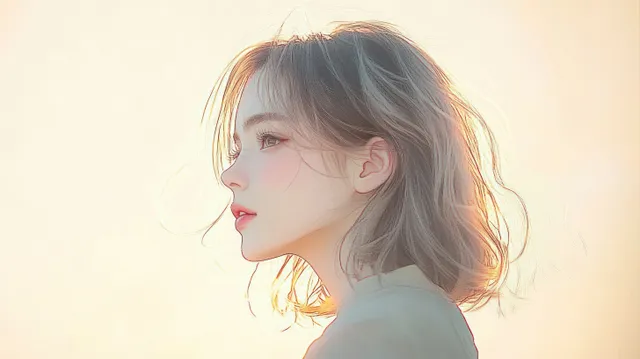 Side profile illustration of a young woman with soft pastel glow and gentle sunlight