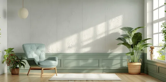 Sunlit living room interior with a green cabinet, armchair, and potted plants near a window.