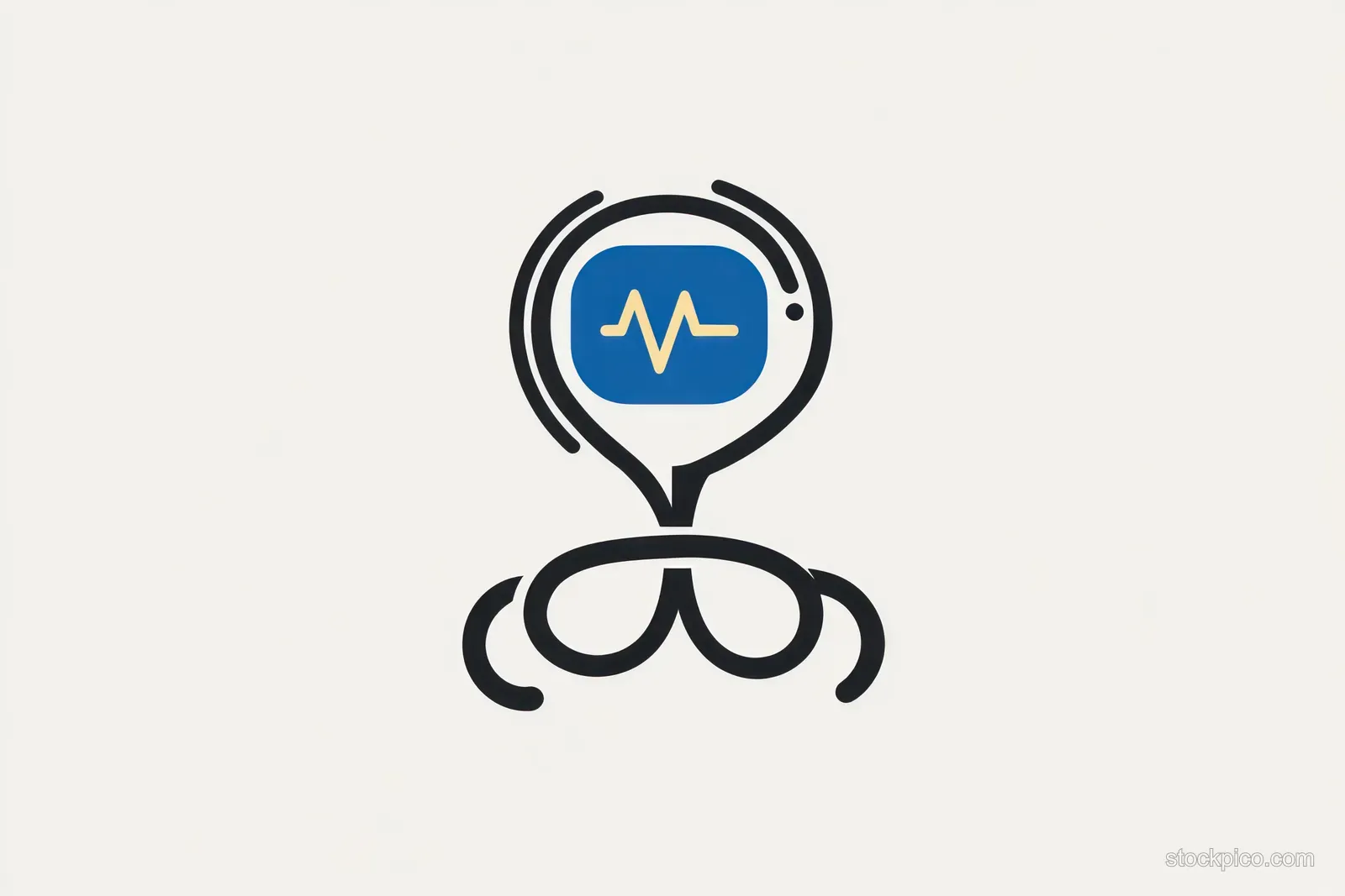 Minimal line-art face icon with a blue speech bubble and yellow heartbeat waveform on a white background.