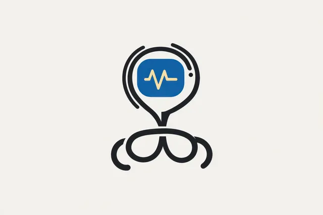 Minimal line-art face icon with a blue speech bubble and yellow heartbeat waveform on a white background.