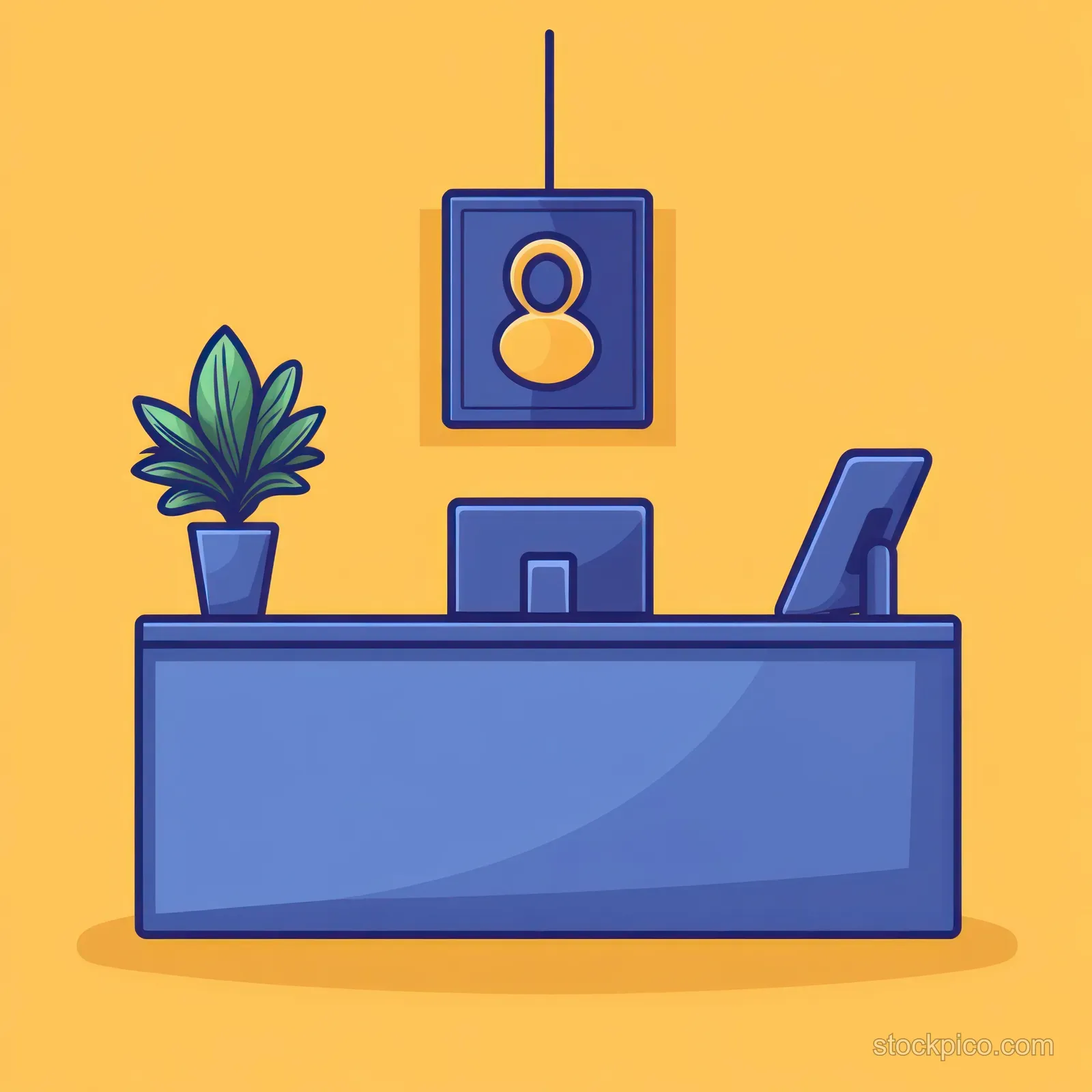 Minimalist reception desk with blue counter, desktop monitor, tablet, potted plant, and person icon on an orange background.