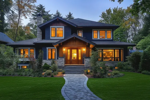 Modern Craftsman house exterior at twilight with warm-lit windows, landscaped shrubs, and a curved stone path.