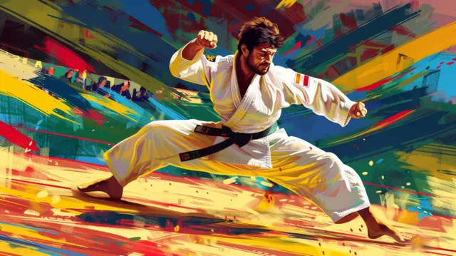 A Spanish judoka in a 73 kg judo match throws forward amid vivid colorful motion-blur effects in the arena.