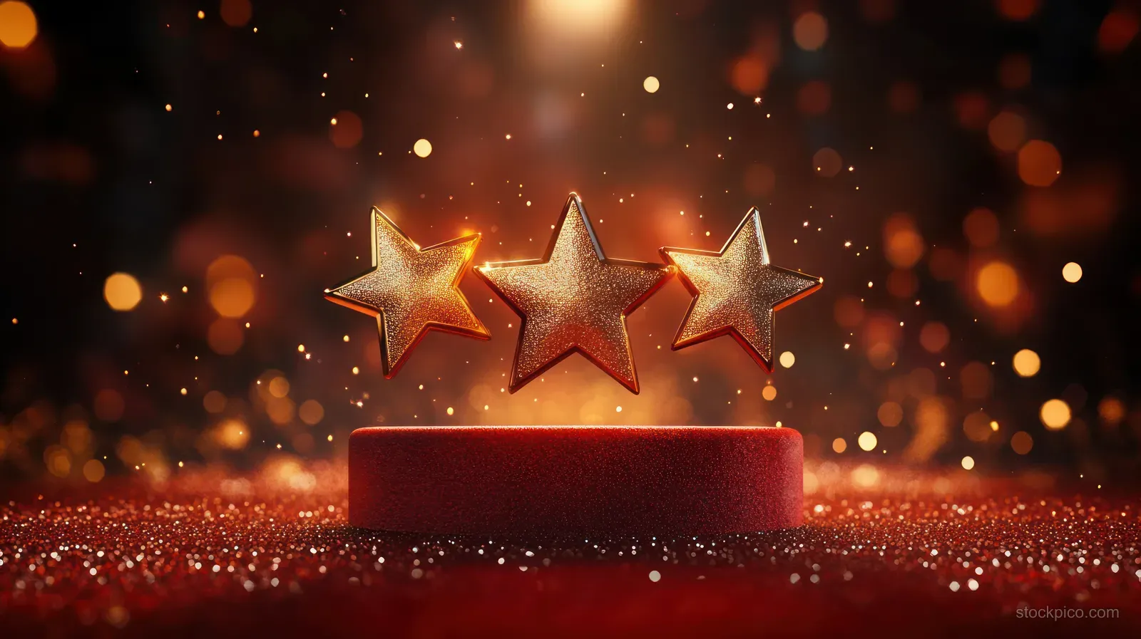 Three glowing gold stars sit on a red velvet podium with sparkling lights and warm bokeh in the background.