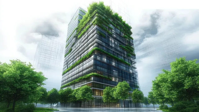A modern glass office tower features lush rooftop gardens and terraces, blending sustainable design with urban architecture.