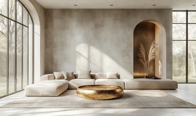 Sunlit minimalist living room with a low sectional sofa and a gold-toned round coffee table against an arched niche.