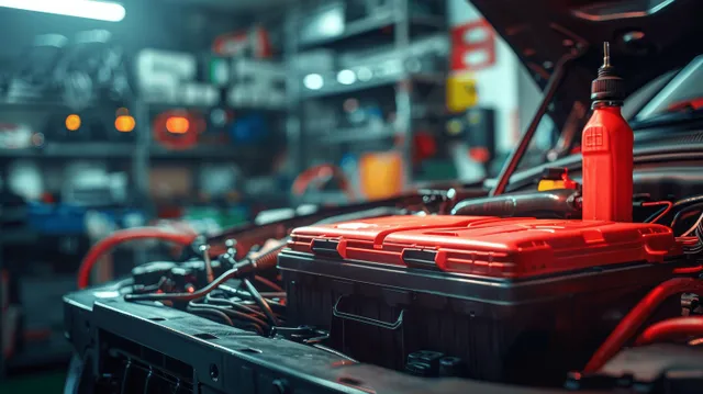 Technician hands inspect car engine wiring and battery terminals on a workbench in a workshop.