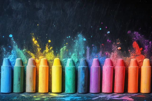 Colorful chalk crayons lined up with bright powdered chalk bursts over a dark textured background.