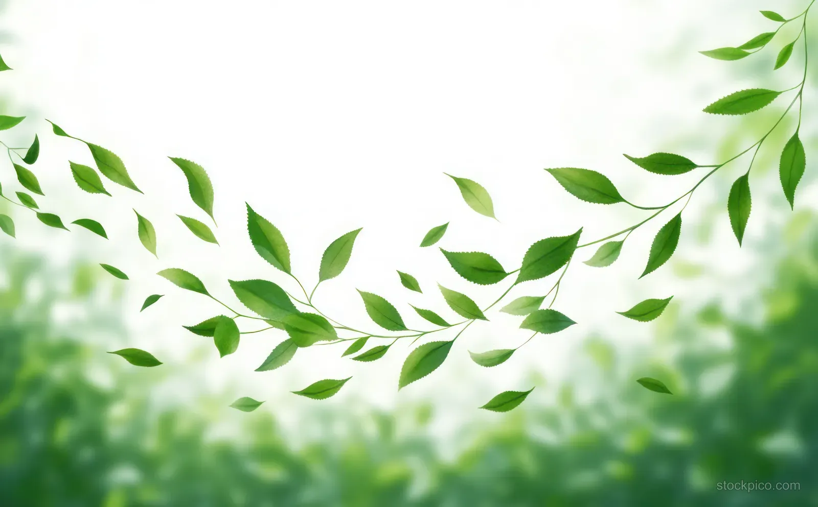 Green leaves float in gentle motion against a bright, soft-focus spring background.